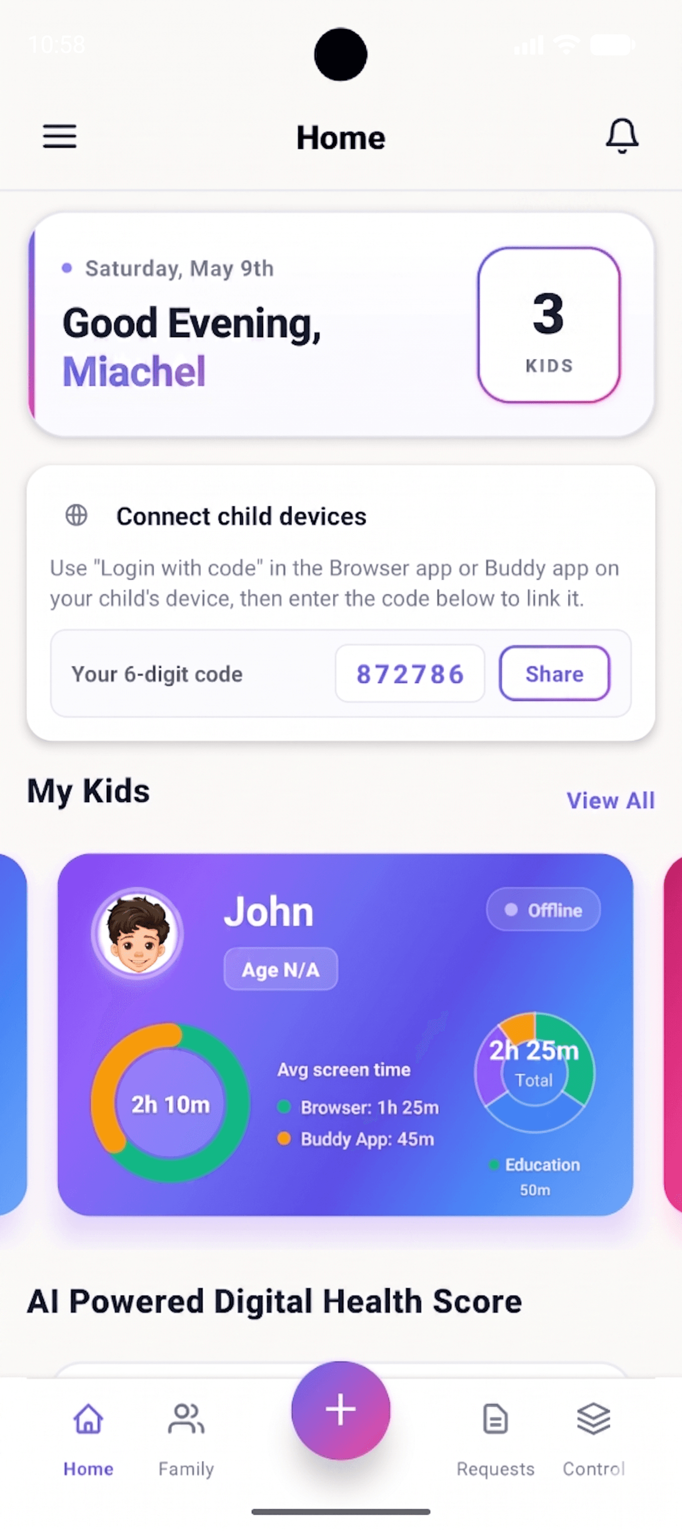 Parent dashboard — SafeAnywhere Parental Control